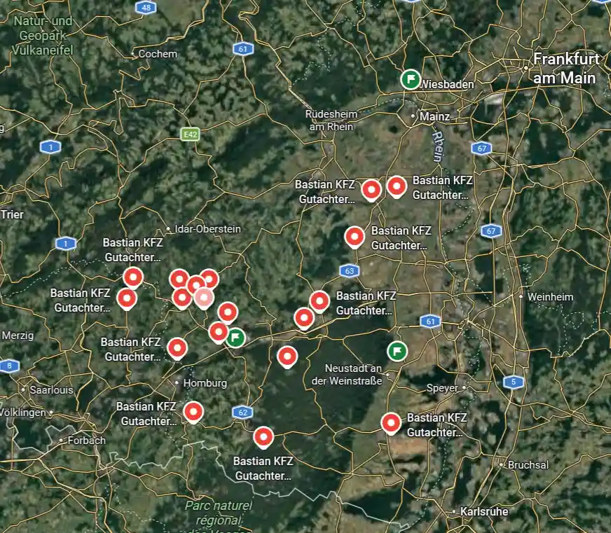 Einsatzgebiet von Bastian Kfz-Gutachter in Rheinland-Pfalz und im Saarland – Karte mit 150-km-Umkreis