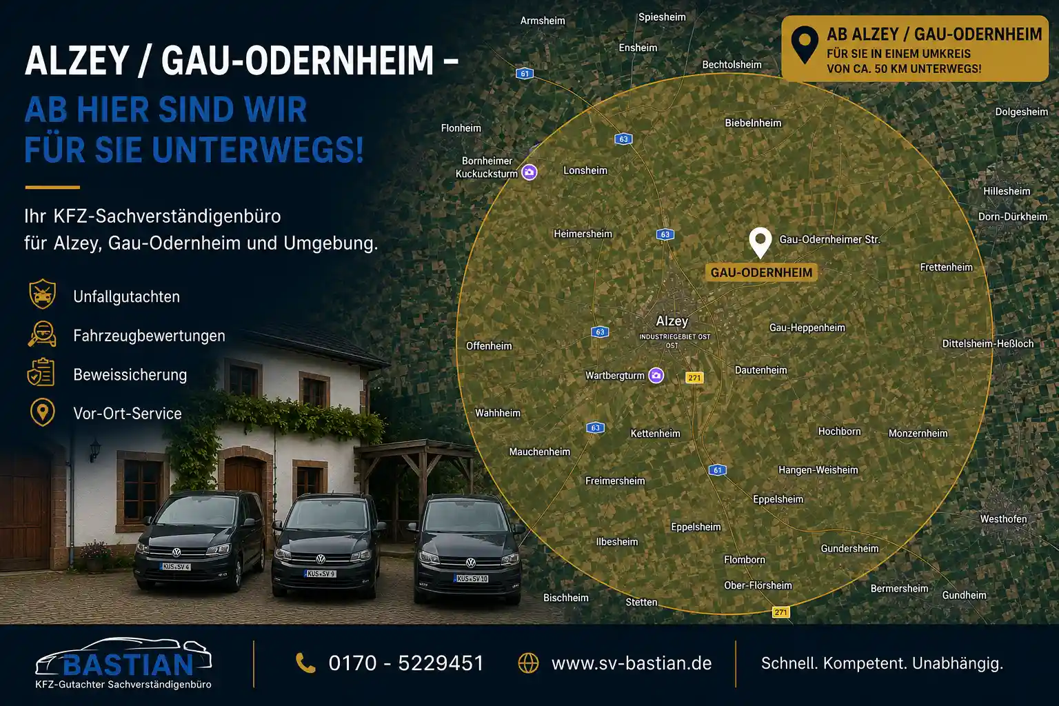 Einsatzgebiet Kfz-Gutachter Alzey &ndash; Karte mit Umkreis im Landkreis Alzey-Worms und Standort Gau-Odernheim