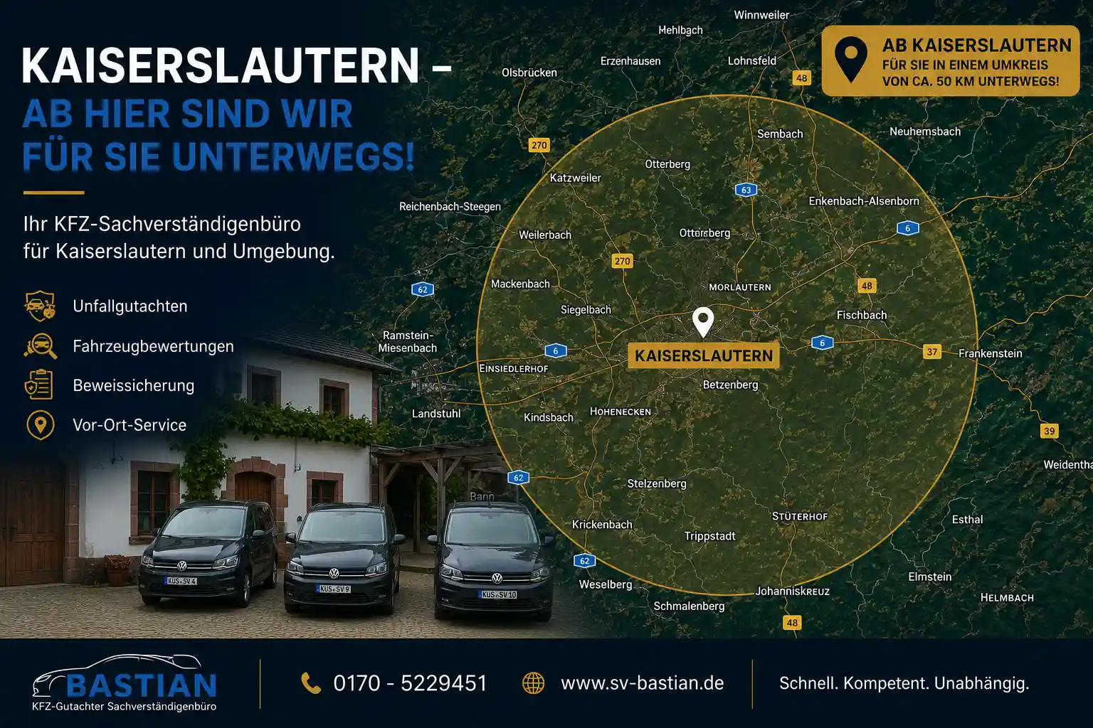 Einsatzgebiet Kfz-Gutachter Kaiserslautern – Karte mit Umkreis in der Westpfalz und Standort Dauborner Weg