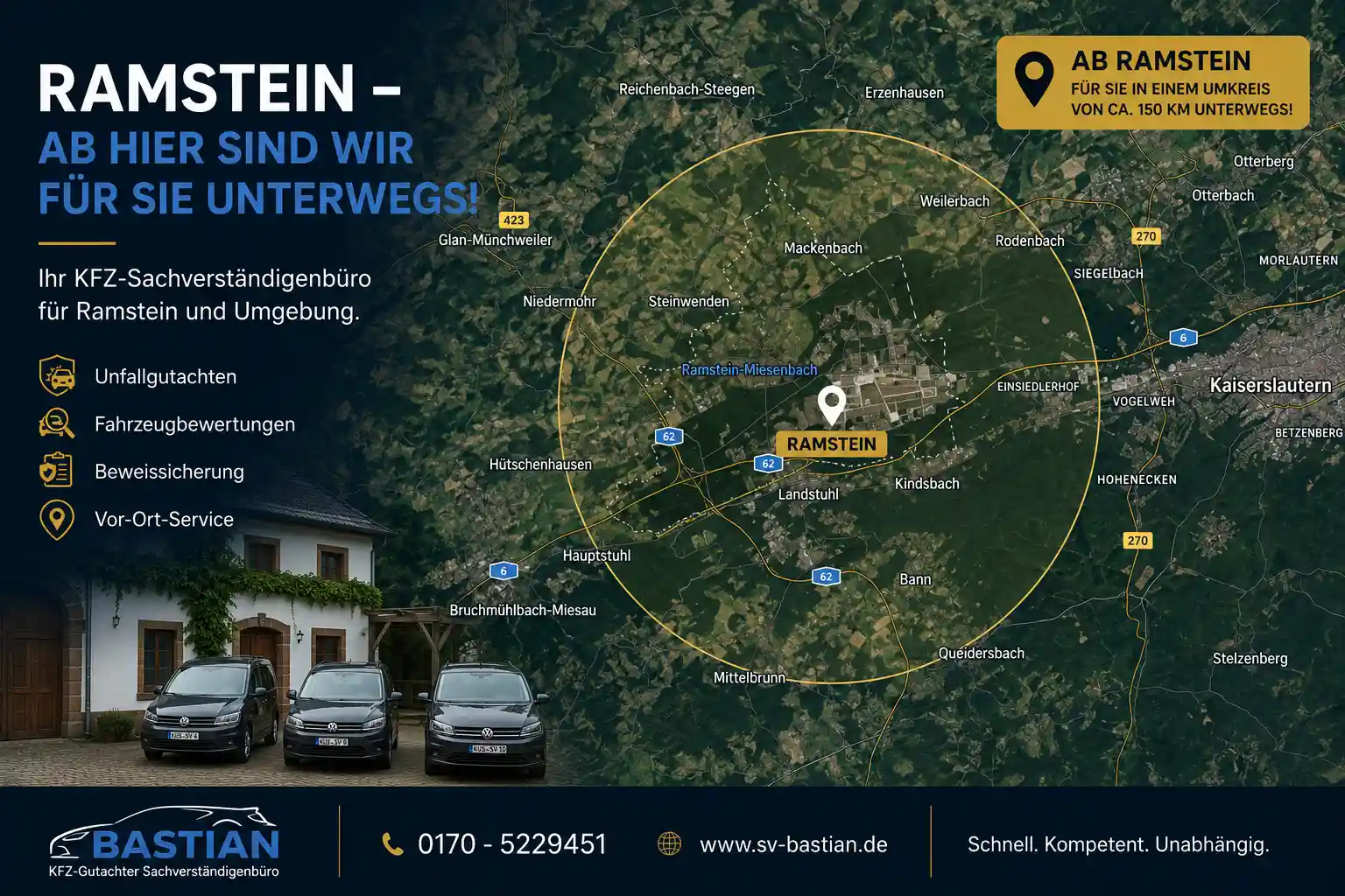 Einzugsgebiet Kfz-Gutachter Ramstein – Einsatzgebiet in Rheinland-Pfalz und Saarland mit Standort Ramstein-Miesenbach