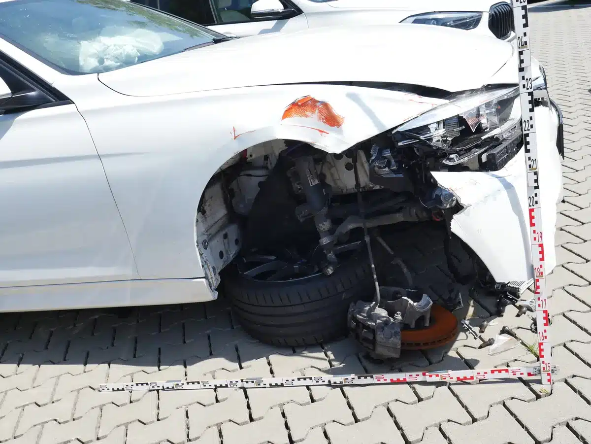 BMW 340i Totalschaden: Fahrzeugfront rechts mit ausgerissenem Vorderrad, Aufnahme bei der Besichtigung