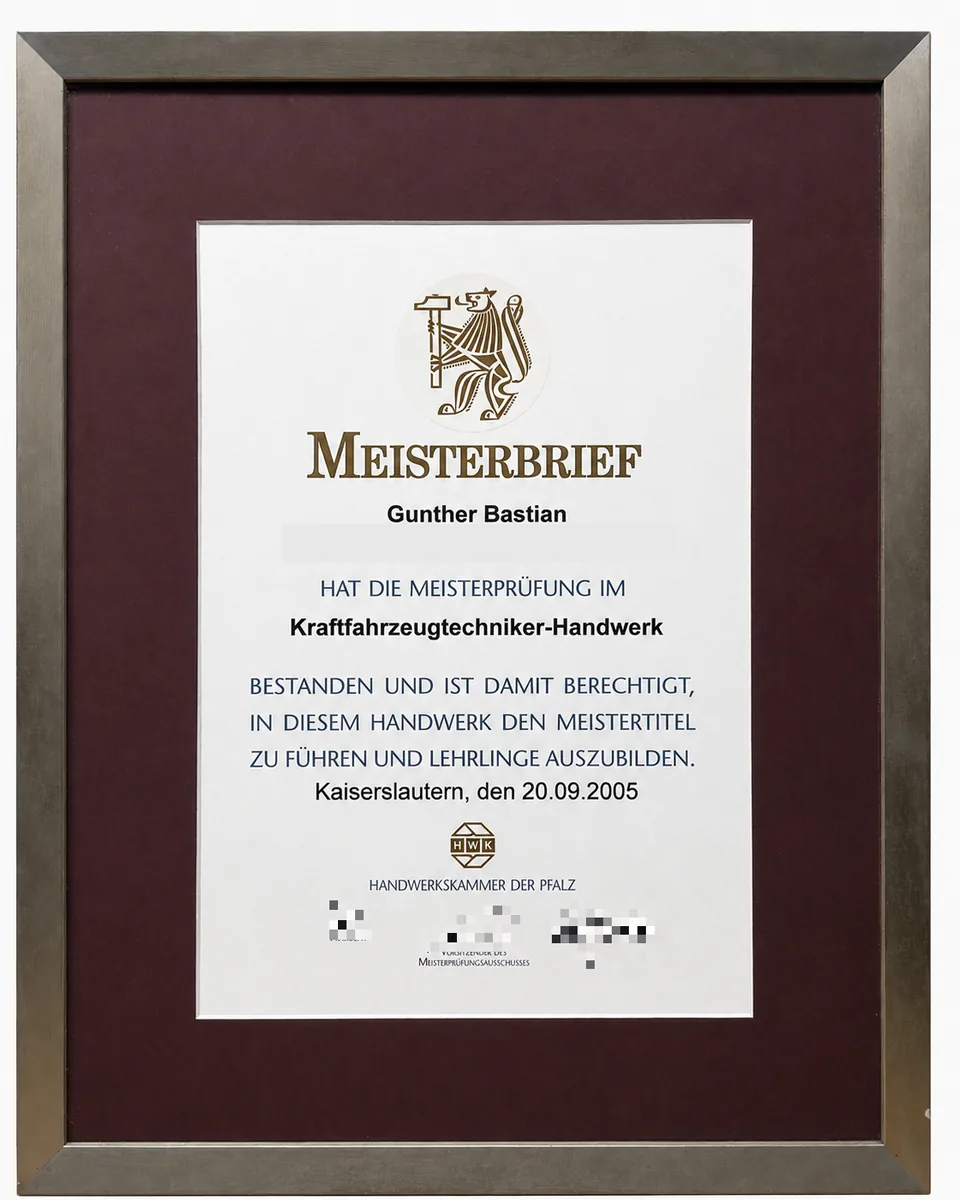 Kfz-Meisterbrief von Gunther Bastian, Kfz-Gutachter – Meisterprüfung im Kraftfahrzeugtechniker-Handwerk 2005